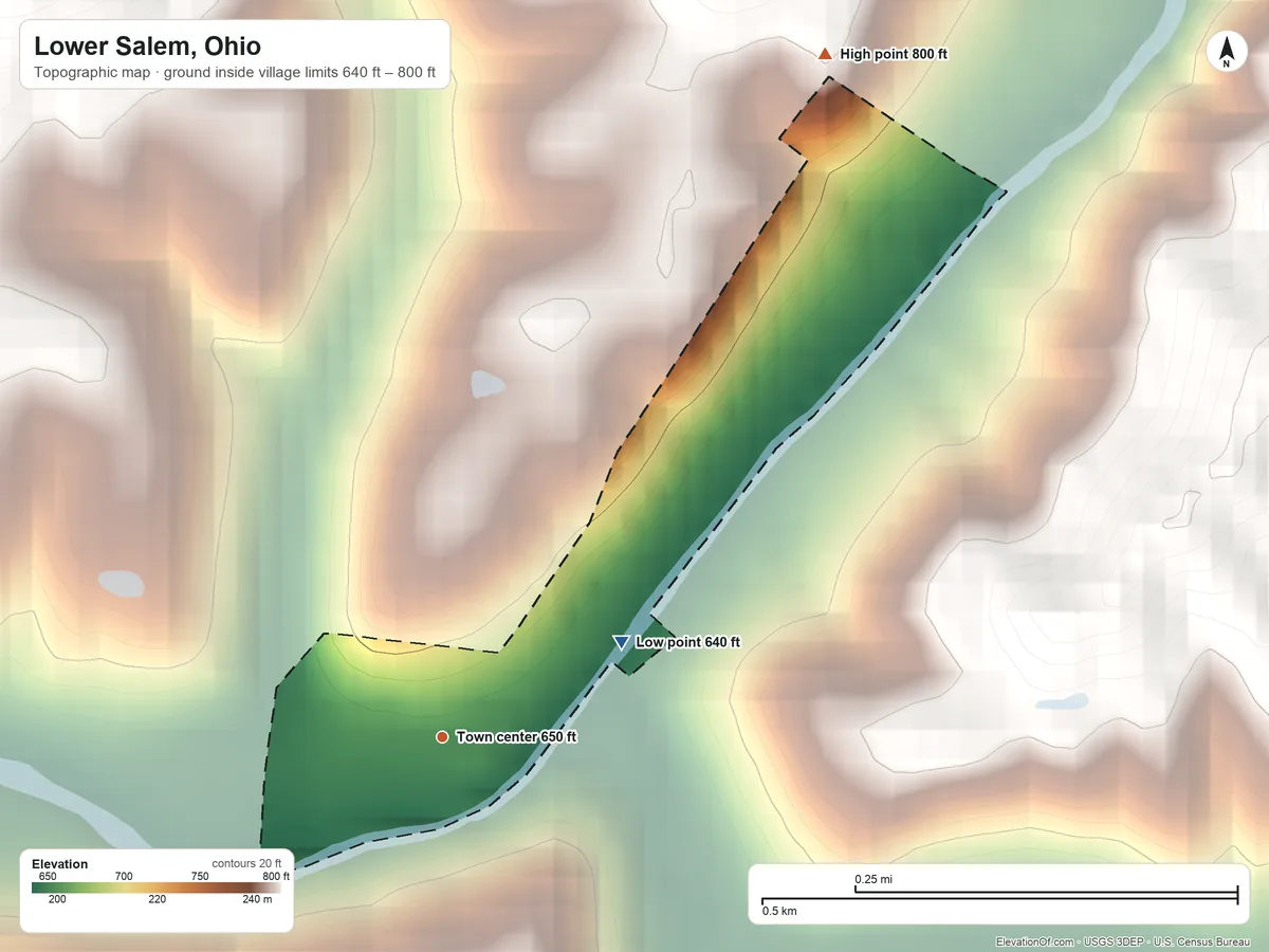 Topographic elevation map of Lower Salem, Ohio, shaded from 640 ft on the northeast side to 800 ft on the northeast side