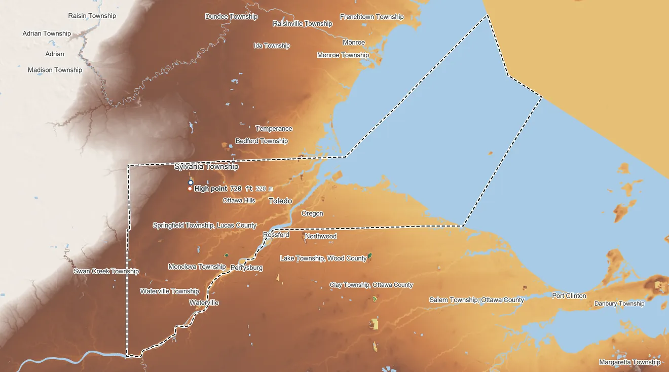 Topographic elevation map of Lucas County, Ohio, shaded from 430 ft on the west side to 720 ft on the west side
