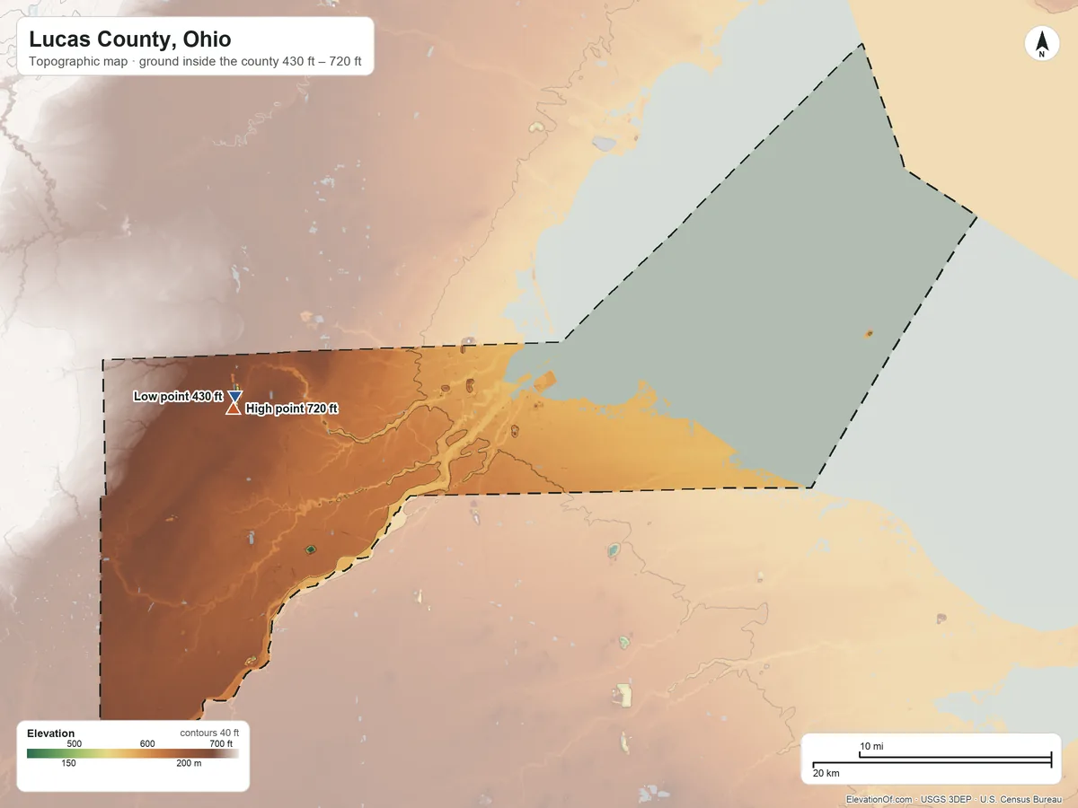 Topographic elevation map of Lucas County, Ohio, shaded from 430 ft on the west side to 720 ft on the west side