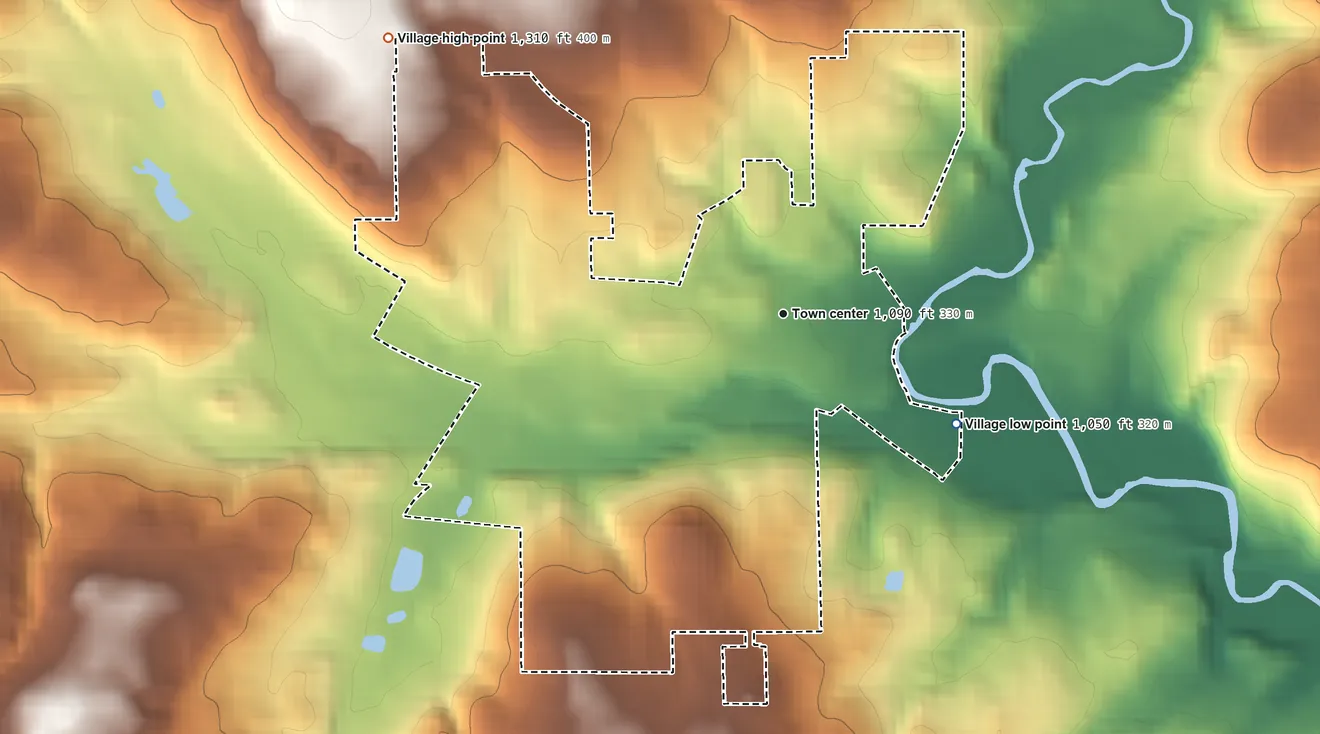 Topographic elevation map of Lucas, Ohio, shaded from 1,050 ft on the southeast side to 1,310 ft on the northwest side