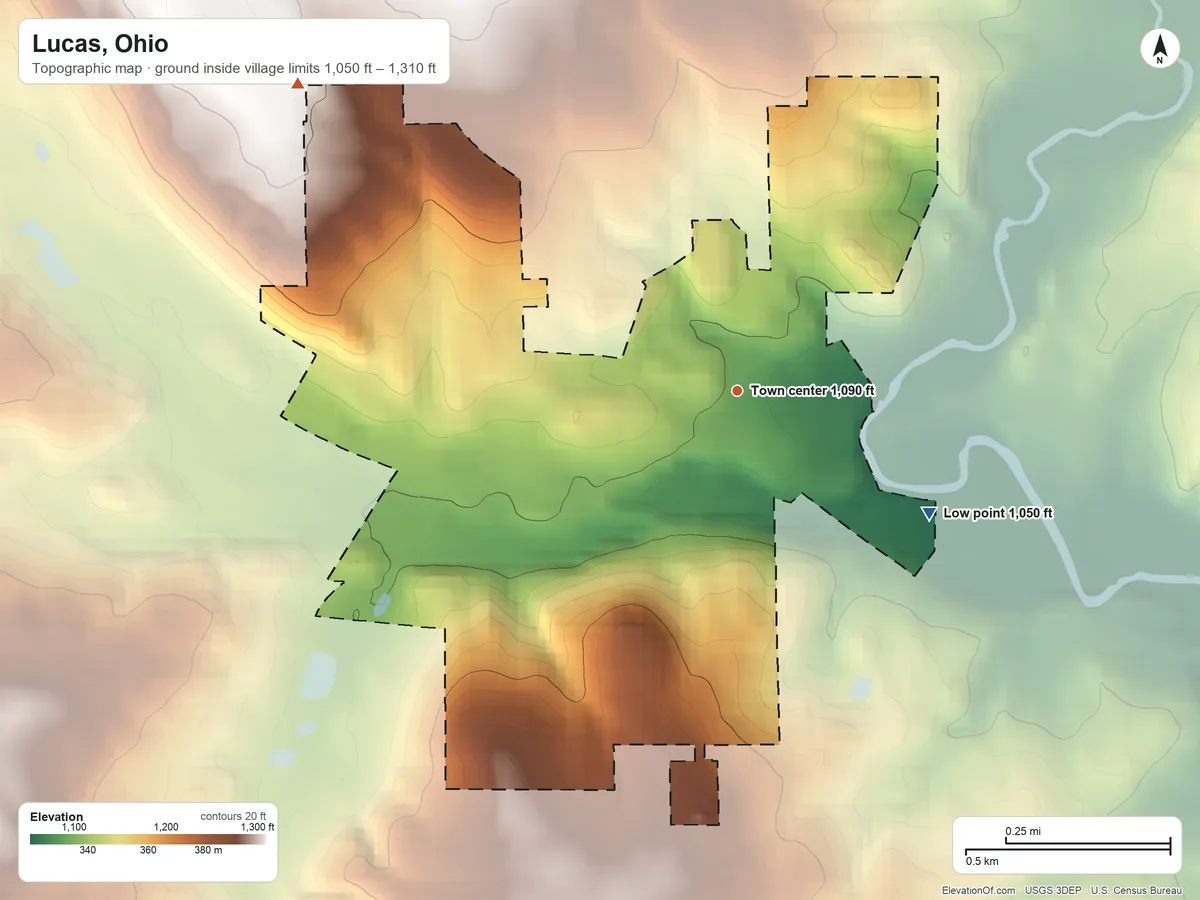 Topographic elevation map of Lucas, Ohio, shaded from 1,050 ft on the southeast side to 1,310 ft on the northwest side