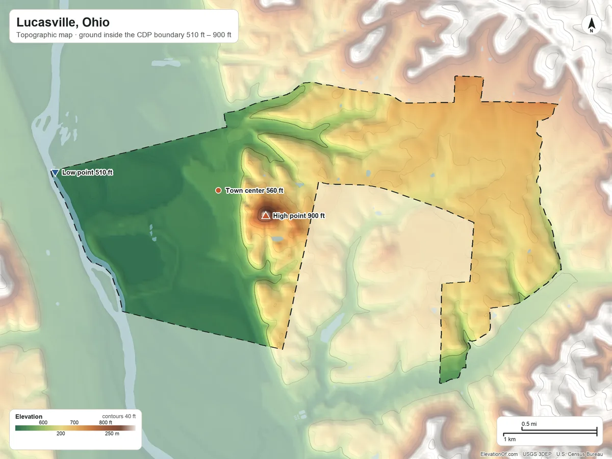 Topographic elevation map of Lucasville, Ohio, shaded from 510 ft on the west side to 900 ft on Haystack Knob