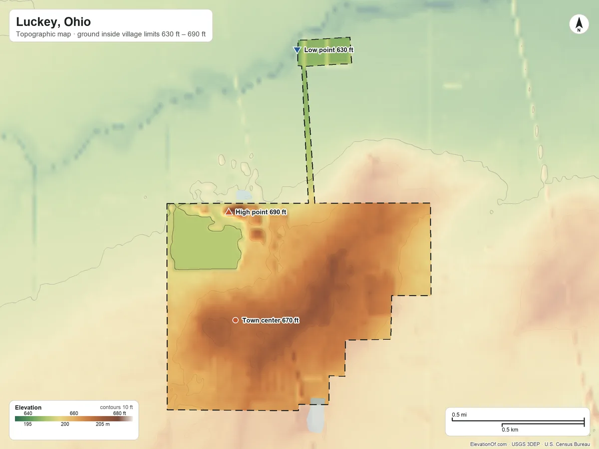 Topographic elevation map of Luckey, Ohio, shaded from 630 ft on the north side to 690 ft on the north side