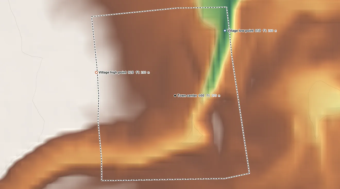 Topographic elevation map of Ludlow Falls, Ohio, shaded from 850 ft on the northeast side to 920 ft on the west side