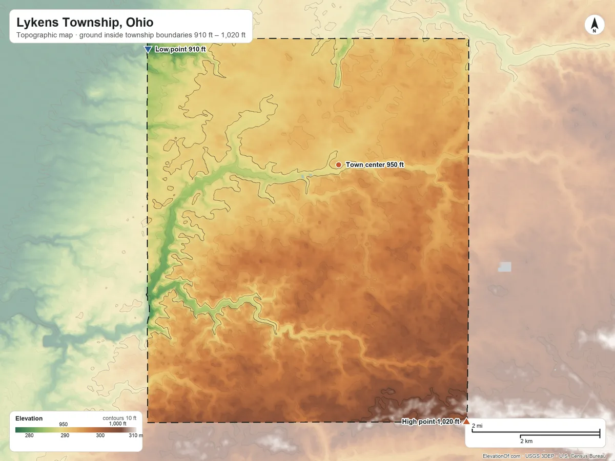Topographic elevation map of Lykens Township, Ohio, shaded from 910 ft on the northwest side to 1,020 ft on the southeast side