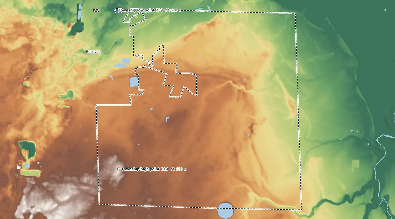 Topographic elevation map of Lyme Township, Ohio, shaded from 730 ft on the northwest side to 810 ft on the southwest side