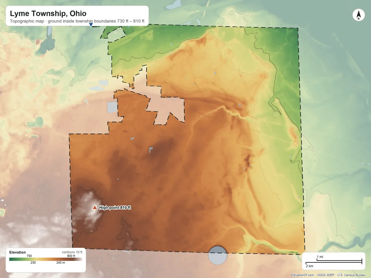 Topographic elevation map of Lyme Township, Ohio, shaded from 730 ft on the northwest side to 810 ft on the southwest side