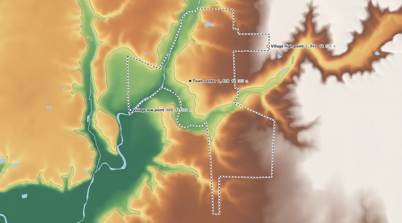 Topographic elevation map of Lynchburg, Ohio, shaded from 980 ft on the southwest side to 1,040 ft on the northeast side