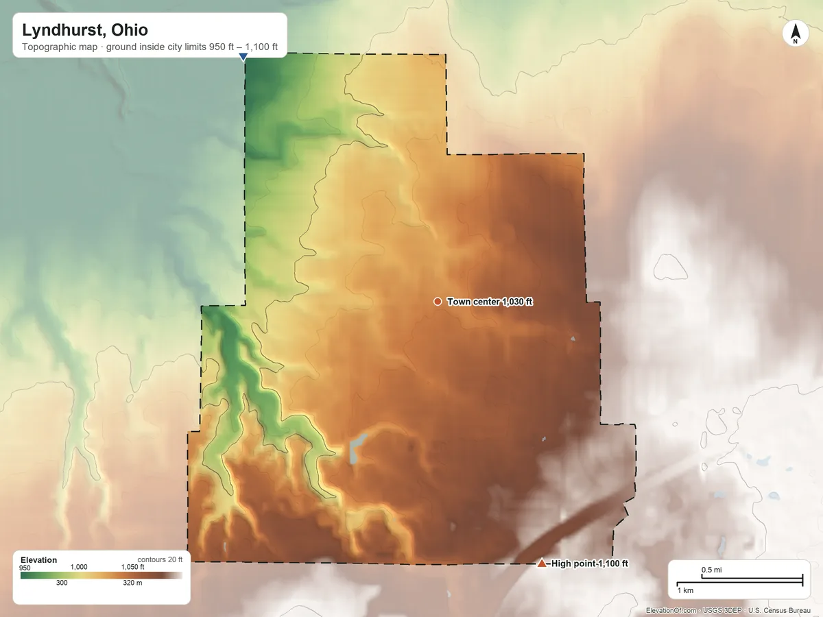 Topographic elevation map of Lyndhurst, Ohio, shaded from 950 ft on the northwest side to 1,100 ft on the south side