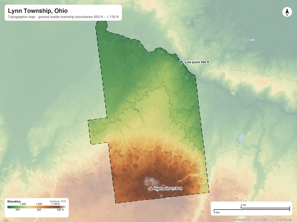 Topographic elevation map of Lynn Township, Ohio, shaded from 950 ft on the northeast side to 1,130 ft on the south side