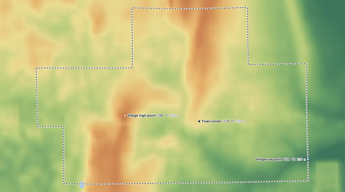 Topographic elevation map of Lyons, Ohio, shaded from 760 ft on the east side to 780 ft on the west side