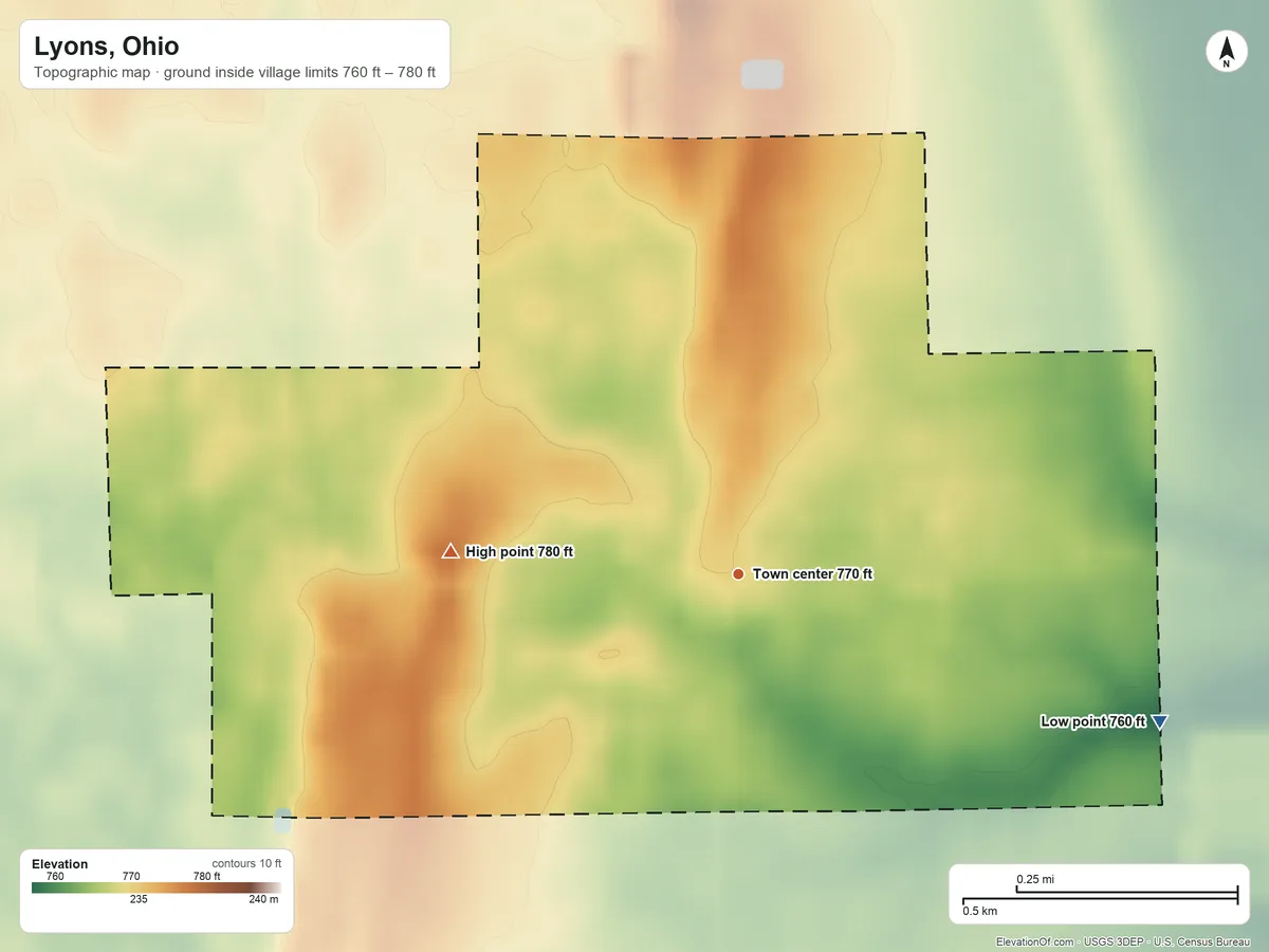 Topographic elevation map of Lyons, Ohio, shaded from 760 ft on the east side to 780 ft on the west side