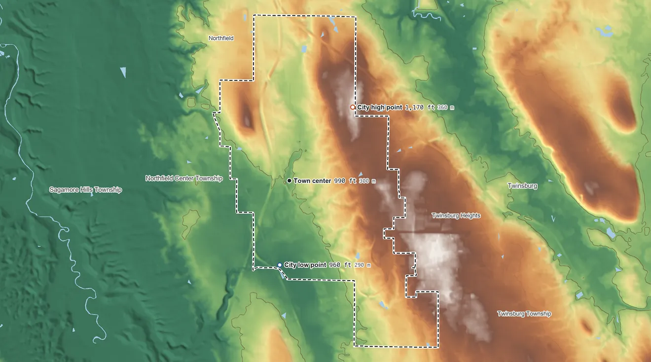Topographic elevation map of Macedonia, Ohio, shaded from 960 ft on the south side to 1,170 ft on the northeast side