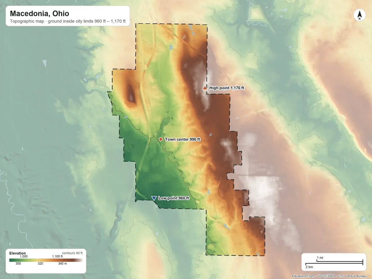 Topographic elevation map of Macedonia, Ohio, shaded from 960 ft on the south side to 1,170 ft on the northeast side