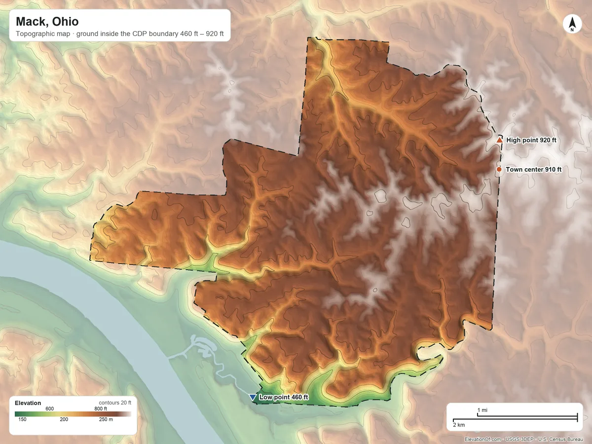 Topographic elevation map of Mack, Ohio, shaded from 460 ft on the southwest side to 920 ft near the middle