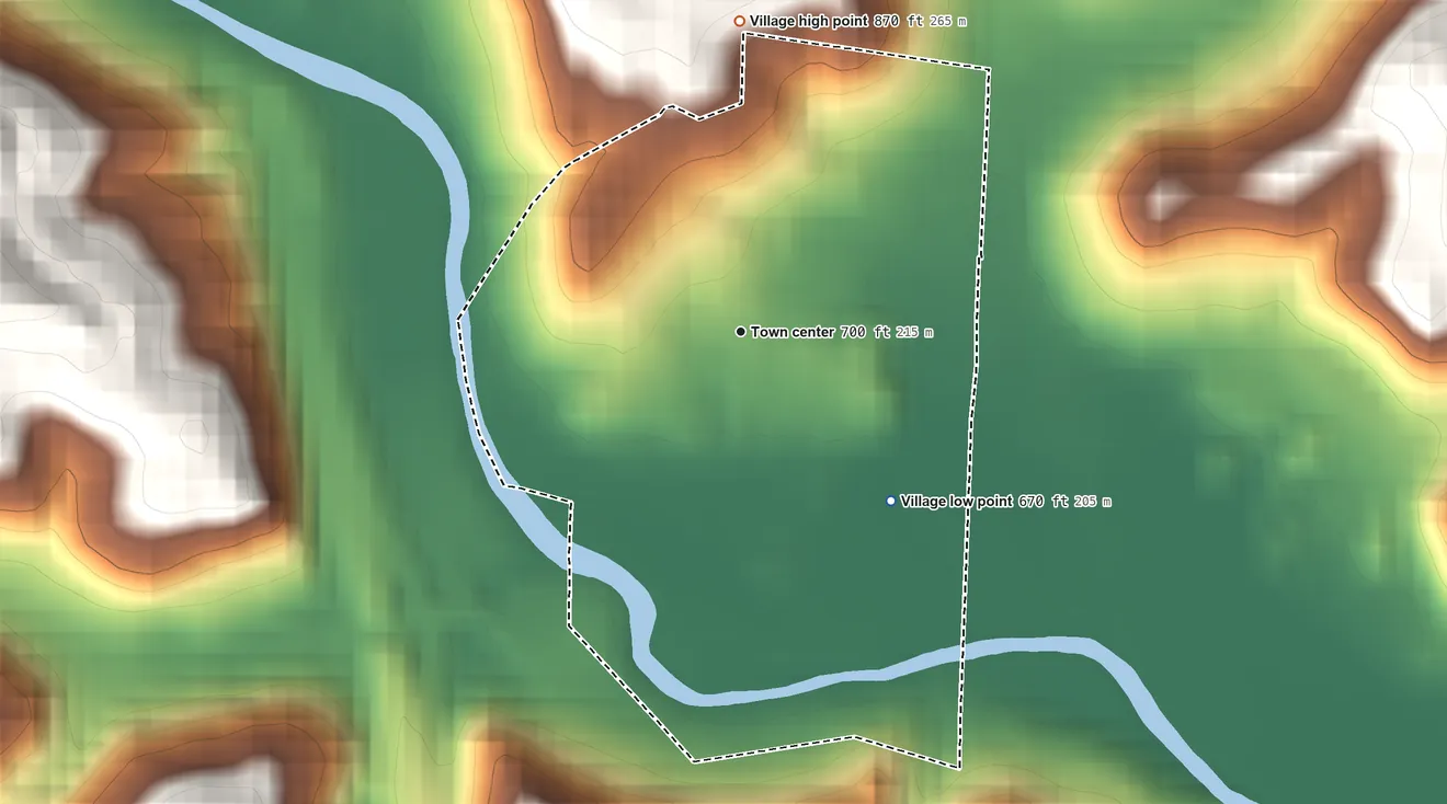 Topographic elevation map of Macksburg, Ohio, shaded from 670 ft on the southeast side to 870 ft on the north side