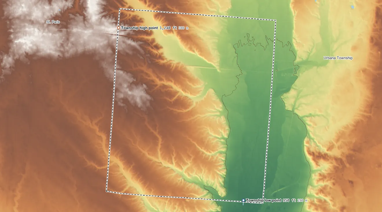 Topographic elevation map of Mad River Township, Champaign County, Ohio, shaded from 950 ft on the southeast side to 1,240 ft on the northwest side