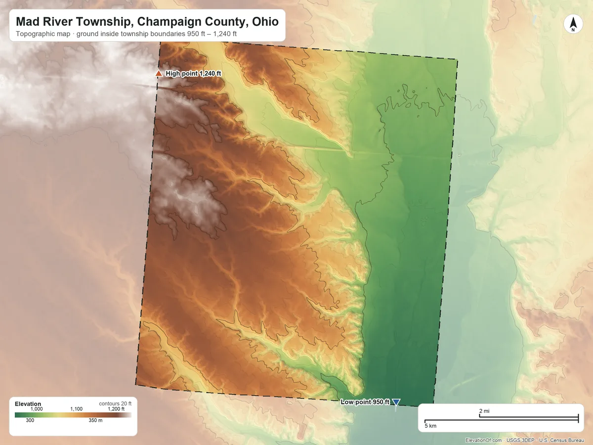 Topographic elevation map of Mad River Township, Champaign County, Ohio, shaded from 950 ft on the southeast side to 1,240 ft on the northwest side