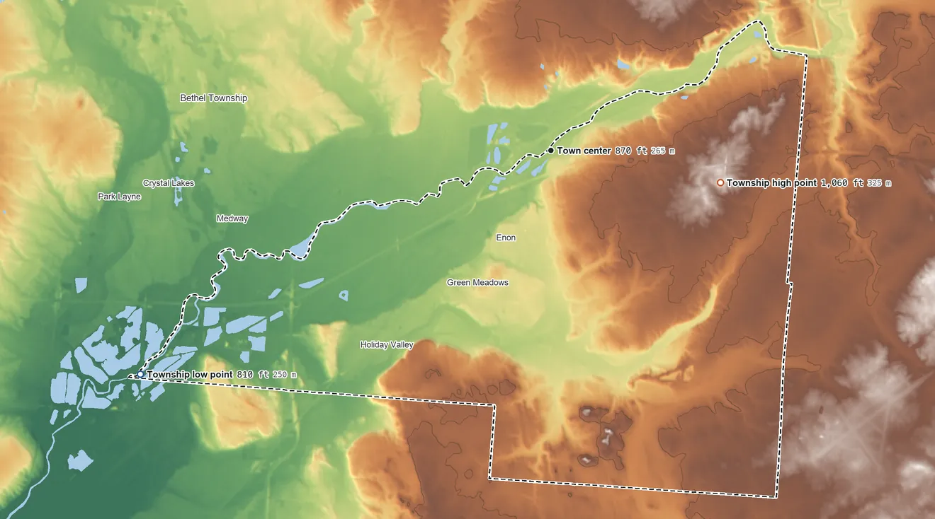 Topographic elevation map of Mad River Township, Ohio, shaded from 810 ft on the southwest side to 1,060 ft on the east side