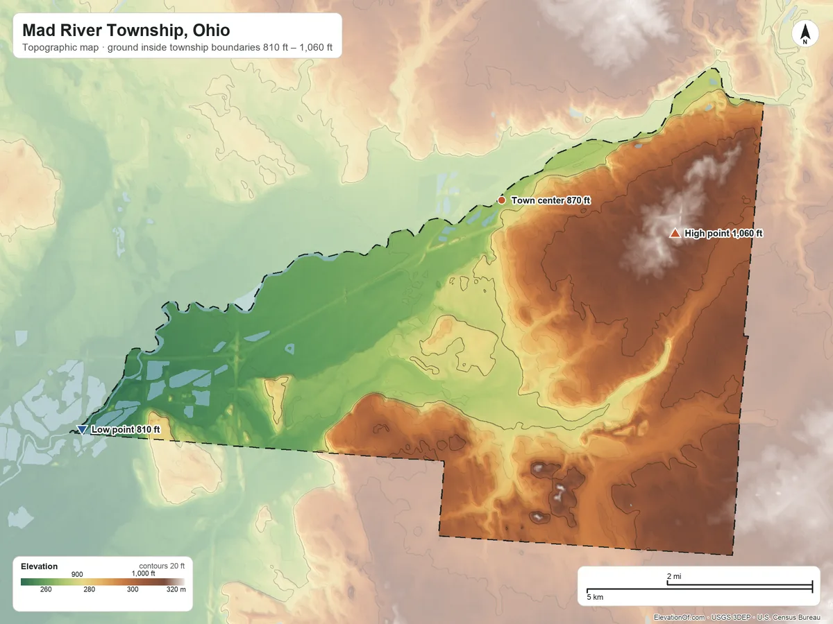 Topographic elevation map of Mad River Township, Ohio, shaded from 810 ft on the southwest side to 1,060 ft on the east side