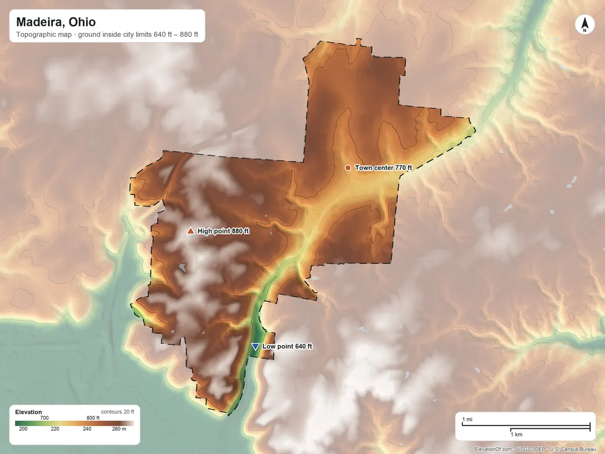 Topographic elevation map of Madeira, Ohio, shaded from 640 ft on the southwest side to 880 ft on the west side