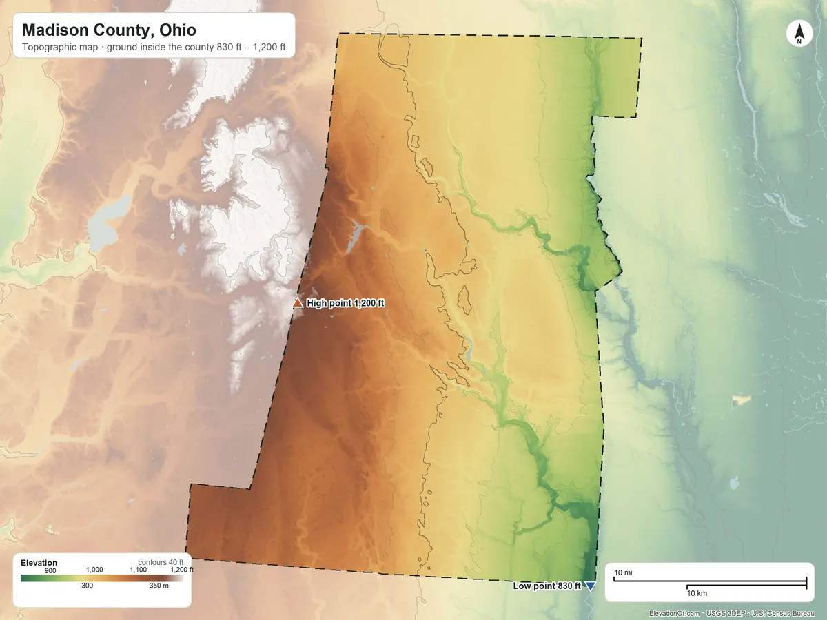 Topographic elevation map of Madison County, Ohio, shaded from 830 ft on the southeast side to 1,200 ft on the west side