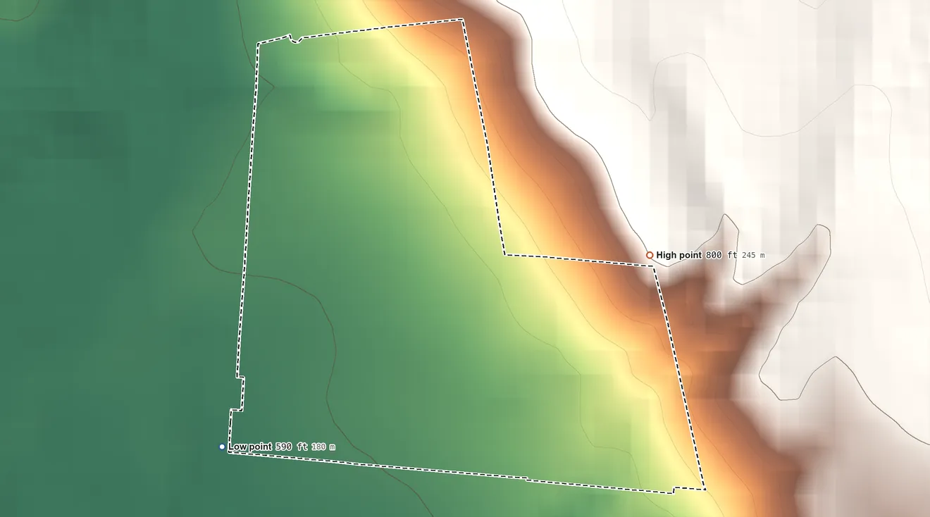 Topographic elevation map of Madison Place, Ohio, shaded from 590 ft on the southwest side to 800 ft on the east side