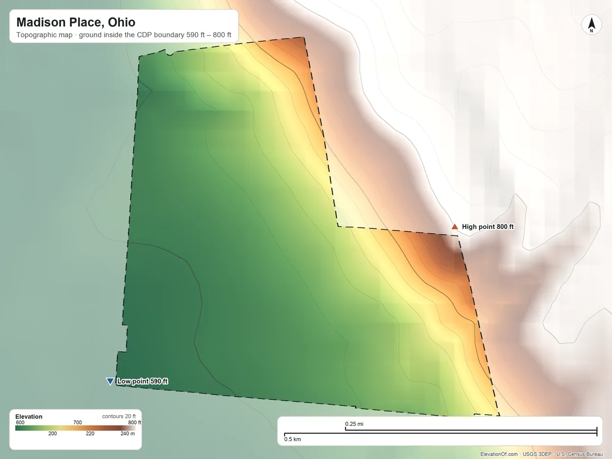 Topographic elevation map of Madison Place, Ohio, shaded from 590 ft on the southwest side to 800 ft on the east side