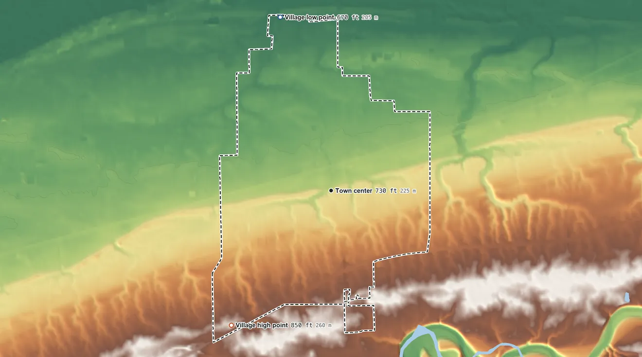 Topographic elevation map of Madison, Ohio, shaded from 670 ft on the north side to 850 ft on the southwest side