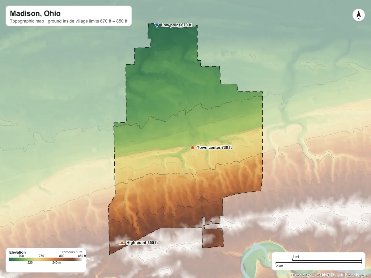 Topographic elevation map of Madison, Ohio, shaded from 670 ft on the north side to 850 ft on the southwest side