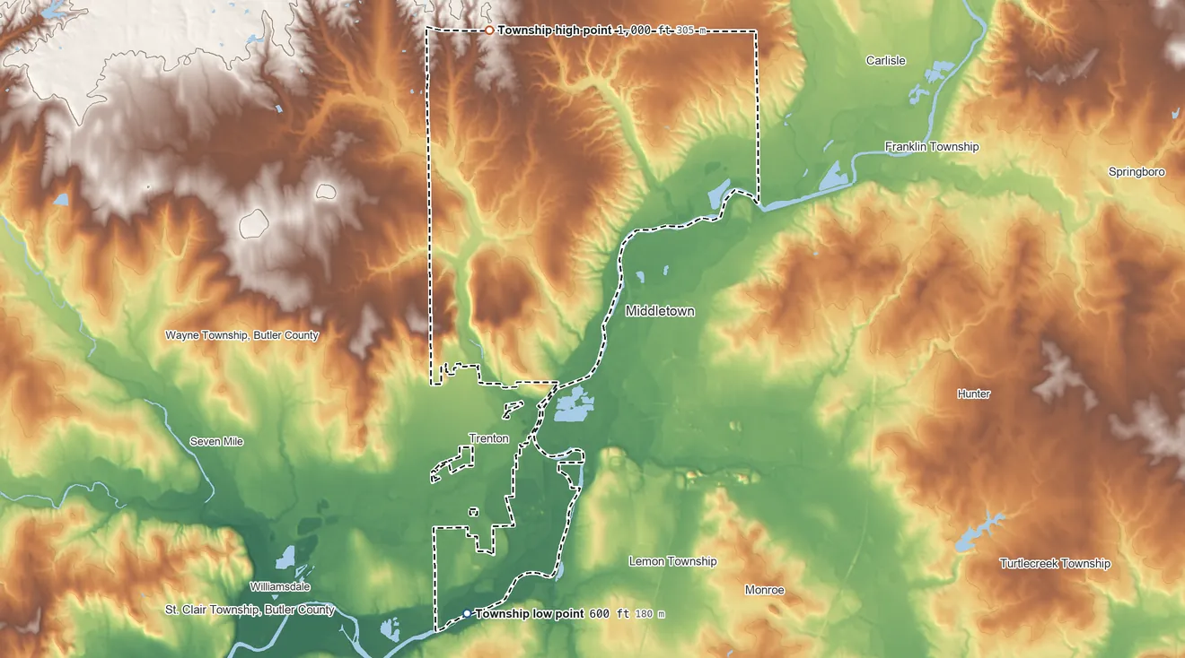 Topographic elevation map of Madison Township, Butler County, Ohio, shaded from 600 ft on the south side to 1,000 ft on the northwest side