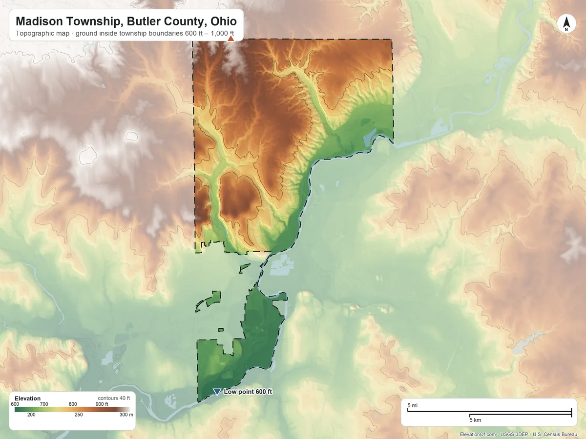 Topographic elevation map of Madison Township, Butler County, Ohio, shaded from 600 ft on the south side to 1,000 ft on the northwest side