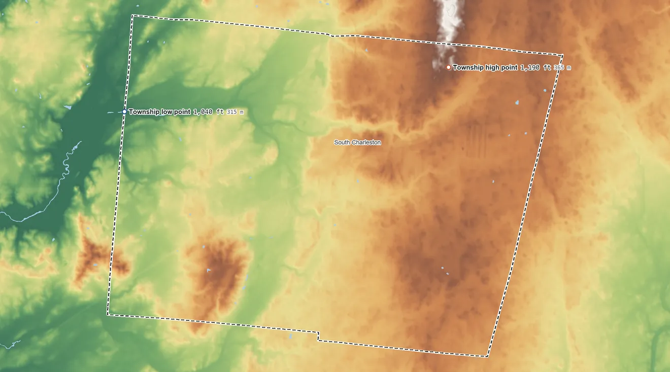 Topographic elevation map of Madison Township, Clark County, Ohio, shaded from 1,040 ft on the west side to 1,190 ft on the northeast side