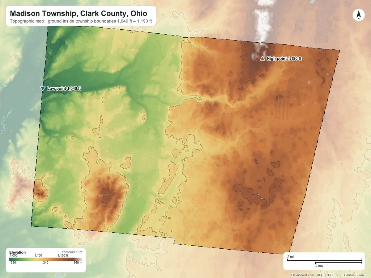 Topographic elevation map of Madison Township, Clark County, Ohio, shaded from 1,040 ft on the west side to 1,190 ft on the northeast side