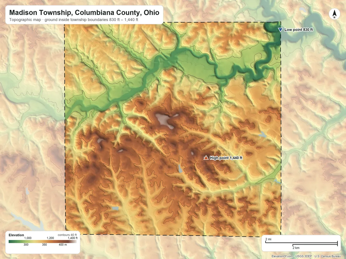 Topographic elevation map of Madison Township, Columbiana County, Ohio, shaded from 830 ft on the northeast side to 1,440 ft on Round Knob