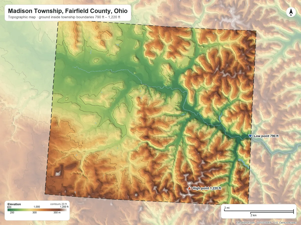 Topographic elevation map of Madison Township, Fairfield County, Ohio, shaded from 790 ft on the east side to 1,220 ft on the southeast side