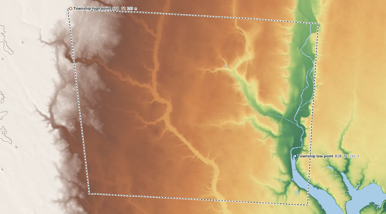 Topographic elevation map of Madison Township, Fayette County, Ohio, shaded from 810 ft on the southeast side to 970 ft on the northwest side