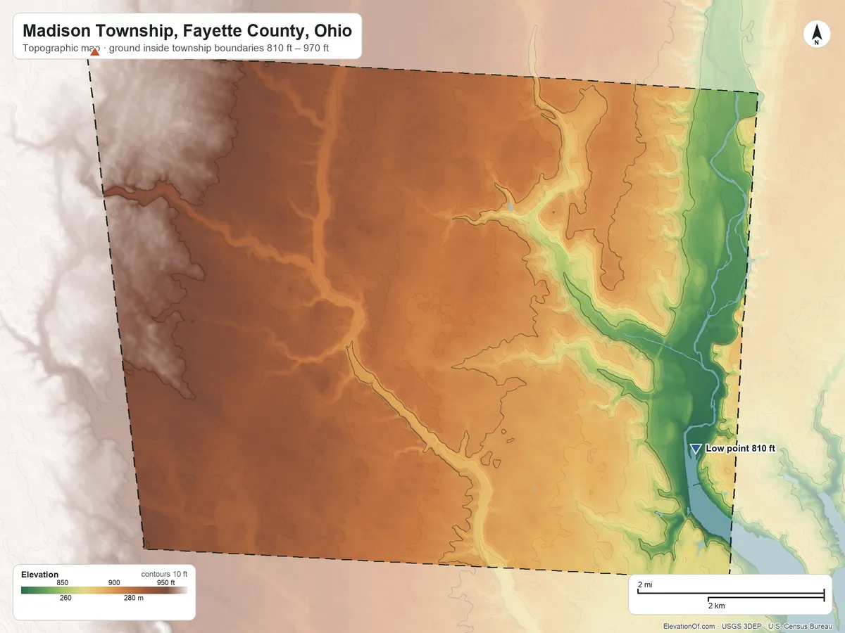 Topographic elevation map of Madison Township, Fayette County, Ohio, shaded from 810 ft on the southeast side to 970 ft on the northwest side