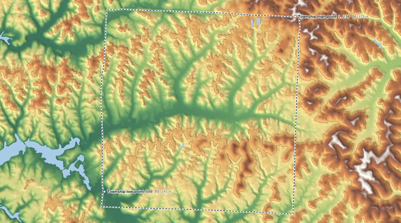 Topographic elevation map of Madison Township, Guernsey County, Ohio, shaded from 800 ft on the southwest side to 1,230 ft on the northeast side