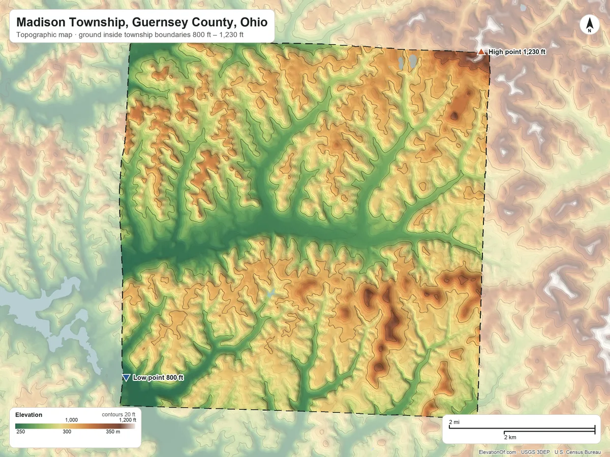 Topographic elevation map of Madison Township, Guernsey County, Ohio, shaded from 800 ft on the southwest side to 1,230 ft on the northeast side