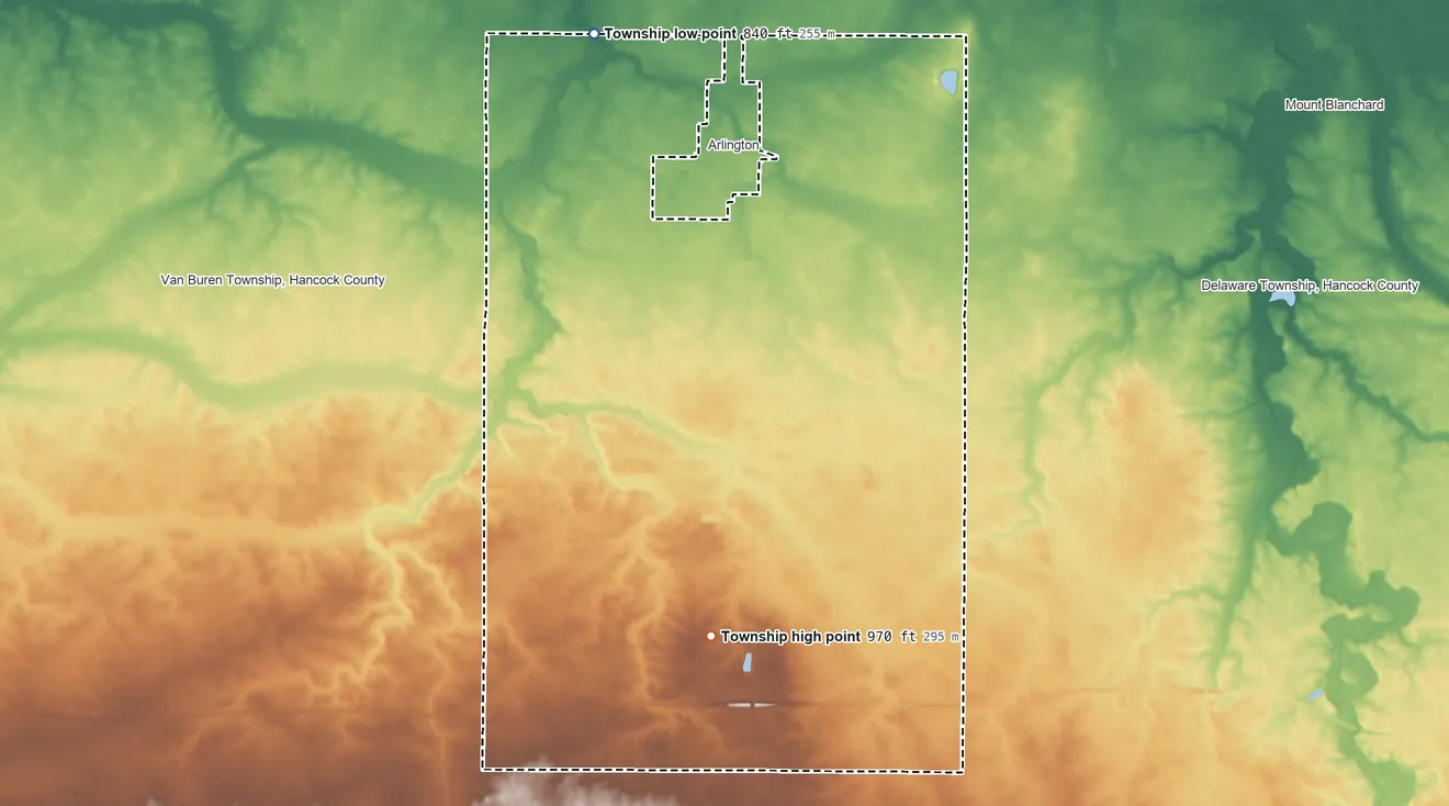 Topographic elevation map of Madison Township, Hancock County, Ohio, shaded from 840 ft on the north side to 970 ft on the south side