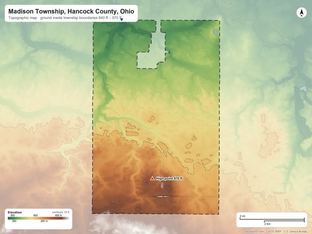 Topographic elevation map of Madison Township, Hancock County, Ohio, shaded from 840 ft on the north side to 970 ft on the south side