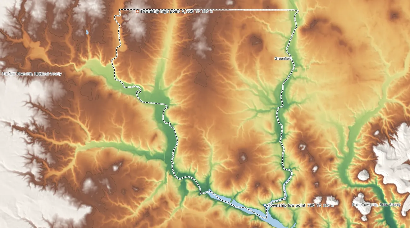 Topographic elevation map of Madison Township, Highland County, Ohio, shaded from 790 ft on the south side to 1,050 ft on the northwest side