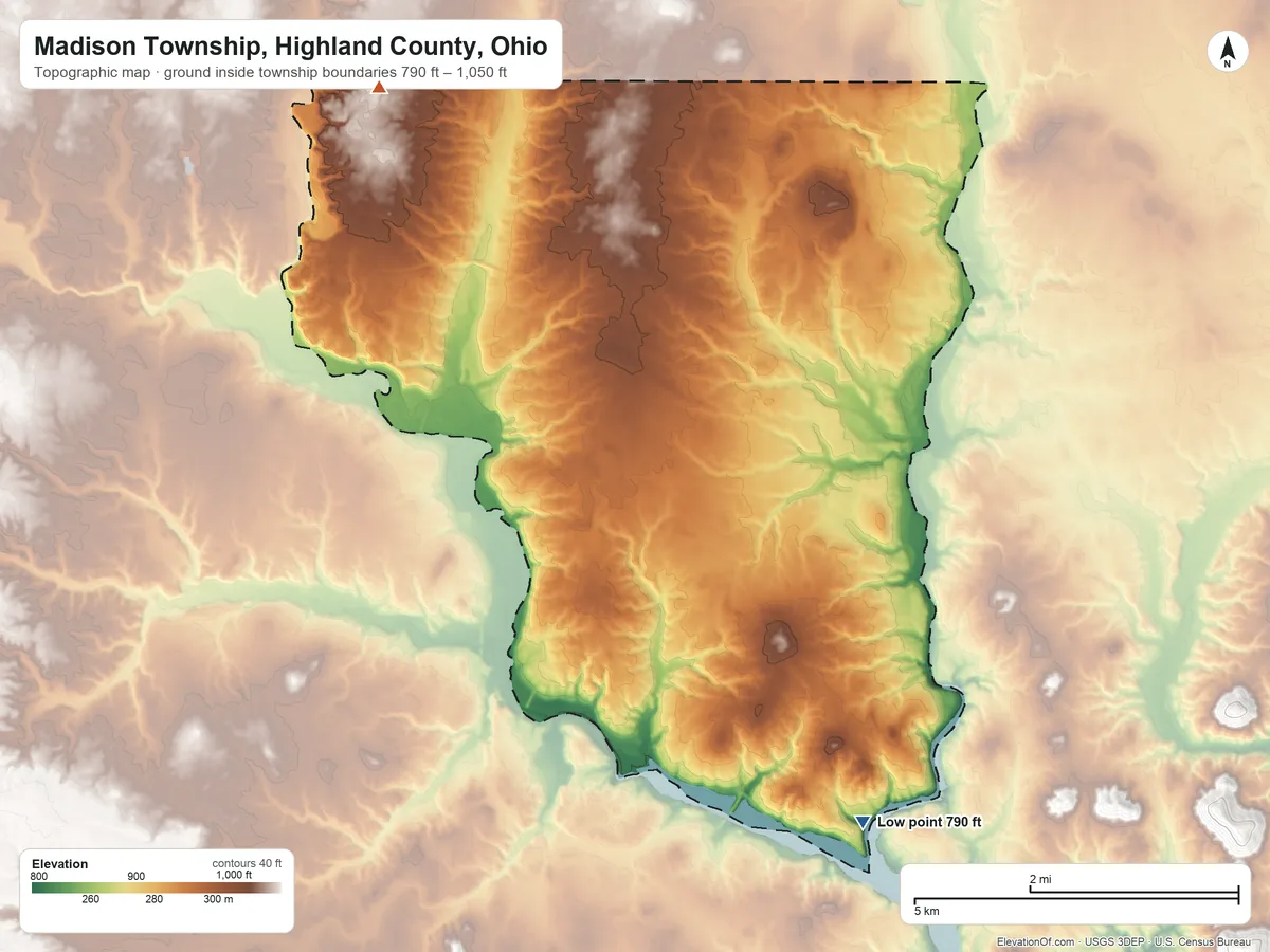 Topographic elevation map of Madison Township, Highland County, Ohio, shaded from 790 ft on the south side to 1,050 ft on the northwest side
