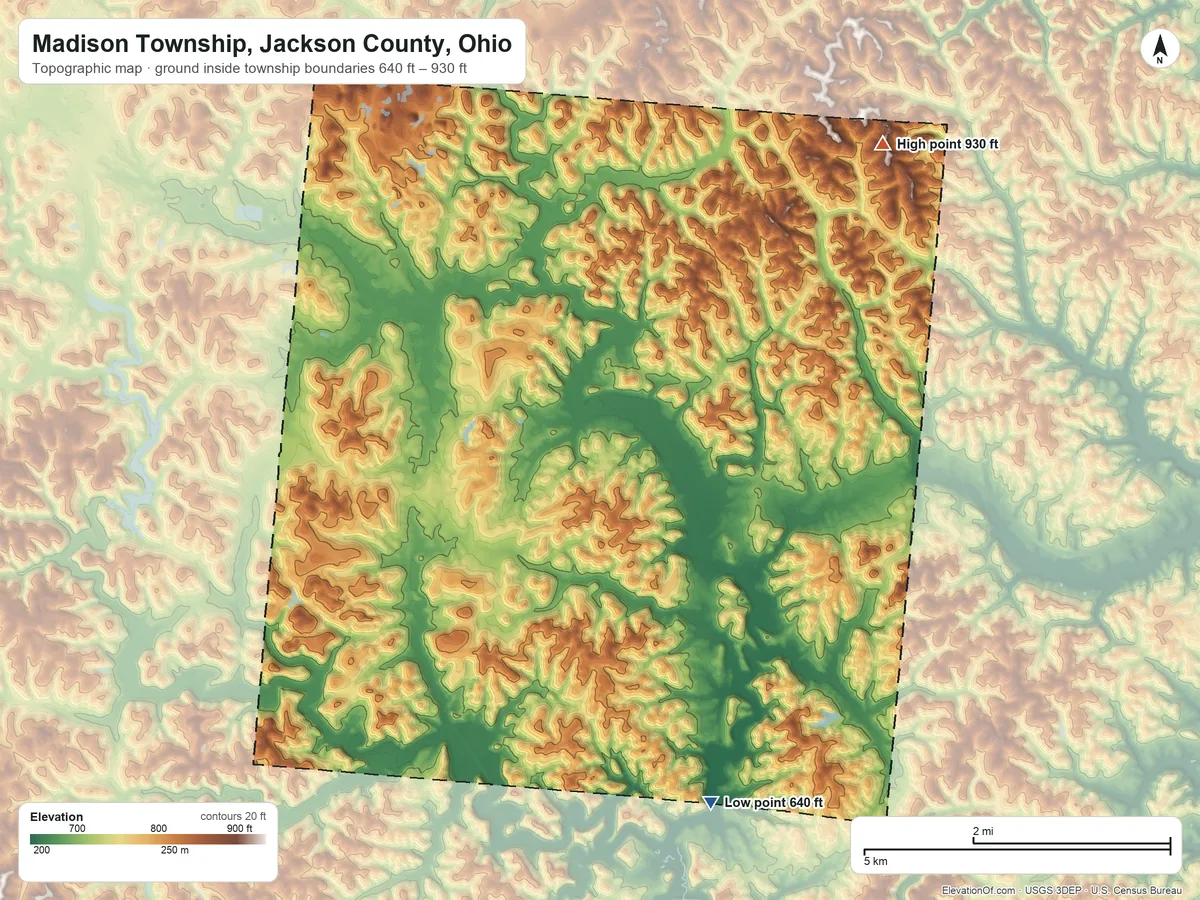 Topographic elevation map of Madison Township, Jackson County, Ohio, shaded from 640 ft on the southeast side to 930 ft on the northeast side