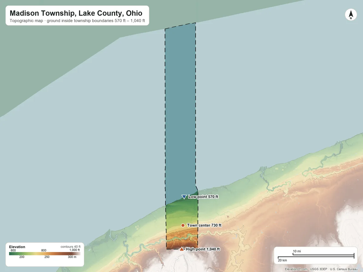 Topographic elevation map of Madison Township, Lake County, Ohio, shaded from 570 ft on the north side to 1,040 ft on the south side