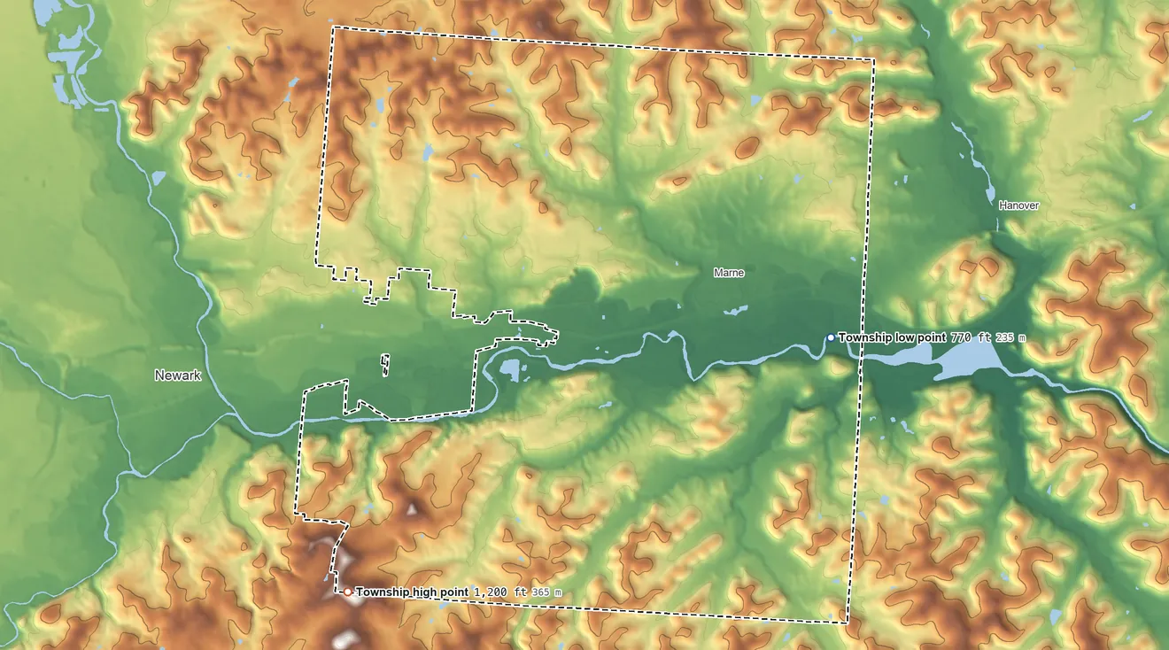 Topographic elevation map of Madison Township, Licking County, Ohio, shaded from 770 ft on the east side to 1,200 ft on the southwest side