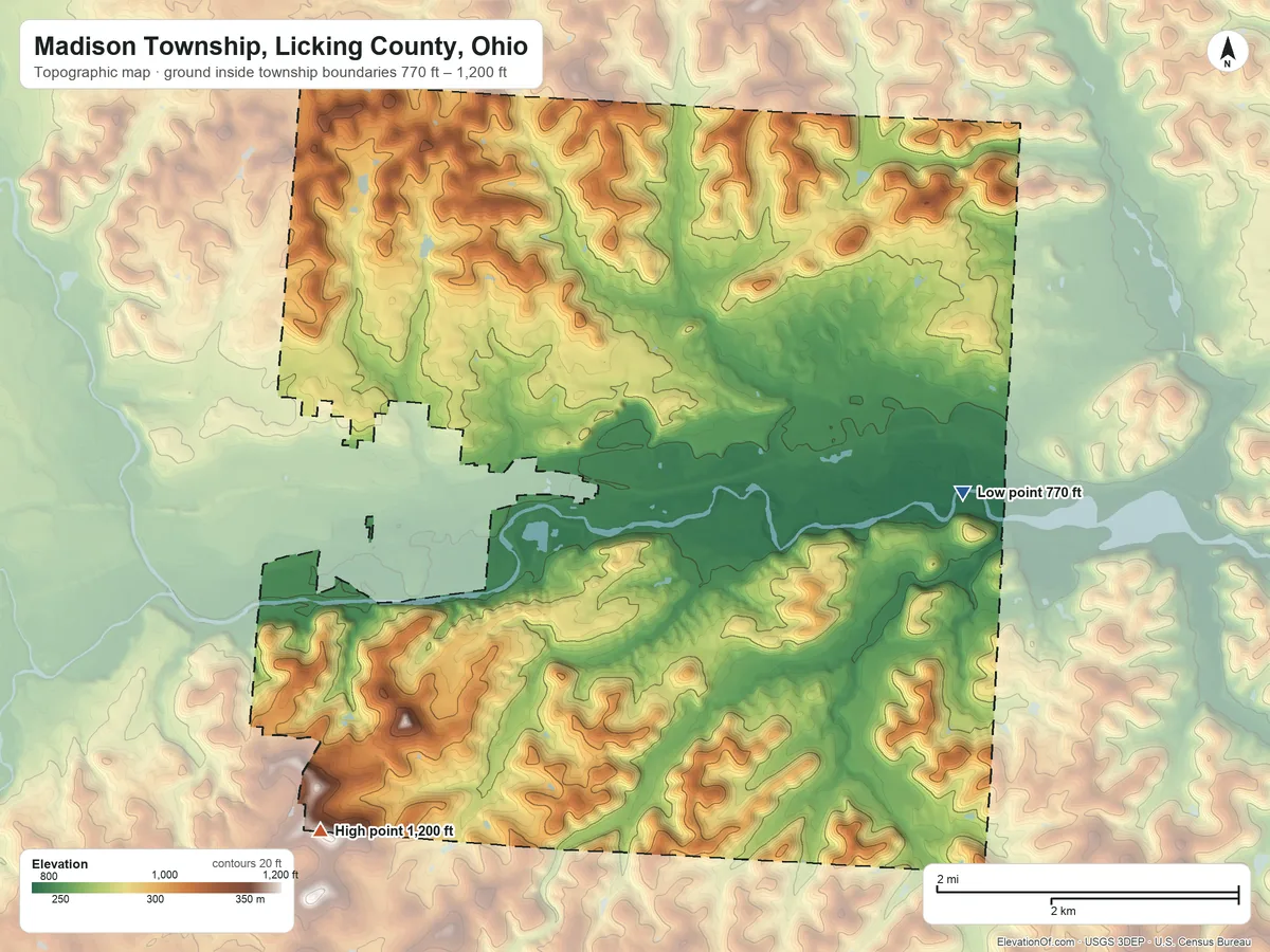 Topographic elevation map of Madison Township, Licking County, Ohio, shaded from 770 ft on the east side to 1,200 ft on the southwest side