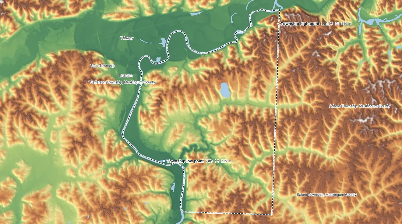 Topographic elevation map of Madison Township, Muskingum County, Ohio, shaded from 700 ft on the southwest side to 1,110 ft on the northeast side