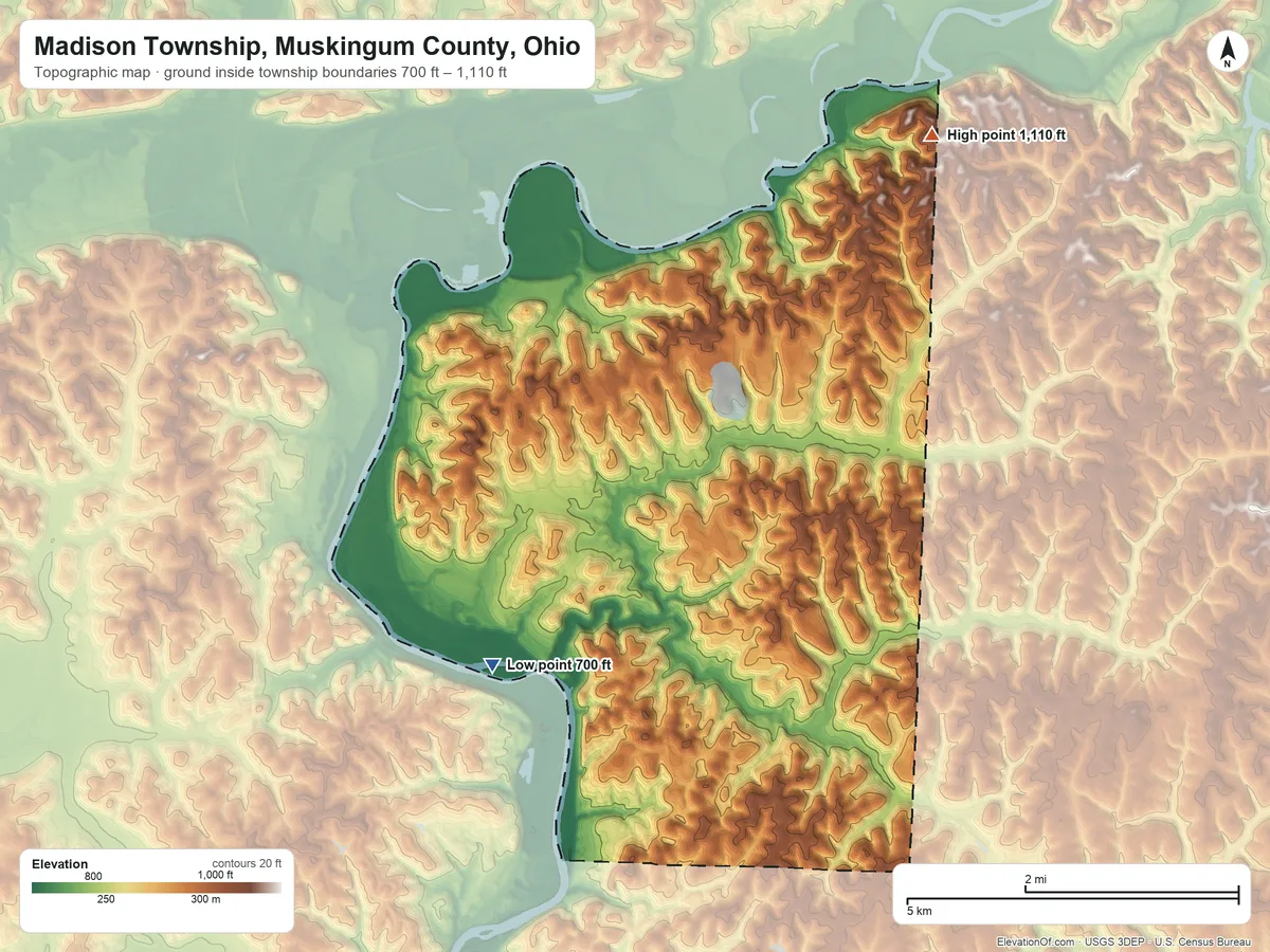 Topographic elevation map of Madison Township, Muskingum County, Ohio, shaded from 700 ft on the southwest side to 1,110 ft on the northeast side